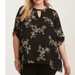 Torrid Georgette Semi Sheer Black‎ and Gold Floral Keyhole Neckline